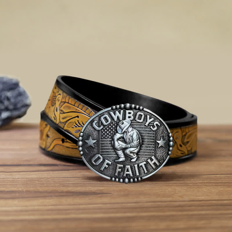 Cintura in pelle con fibbia "Cowboys Of Faith" fai da te da uomo - Argento antico - Cintura marrone sabbia (40) - image 20
