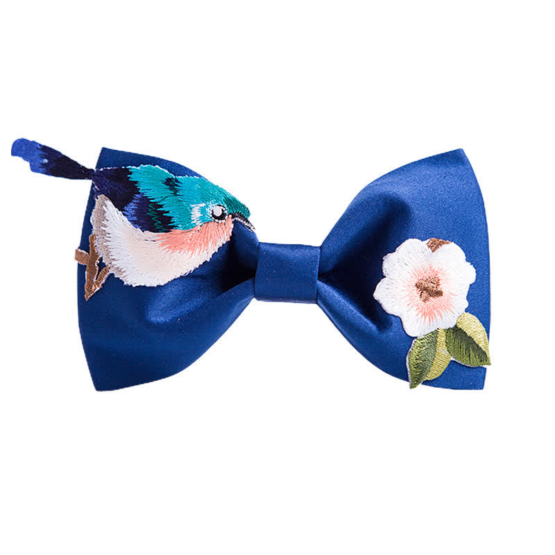 Papillon da uomo con fiore e uccello ricamato - Blu scuro - image 0