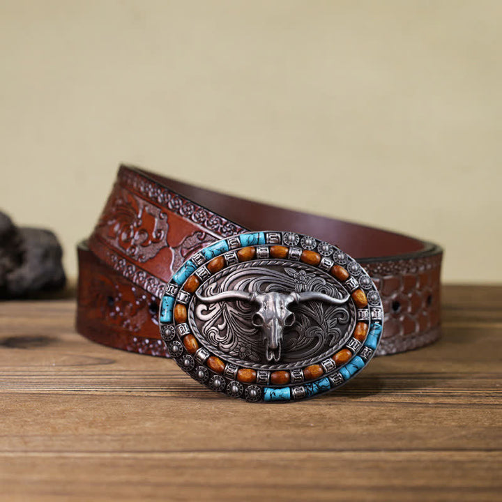 Cintura in pelle con fibbia a forma di toro con perline di legno turchese fai da te da uomo - Argento - Cintura marrone intagliata (40) - image 15