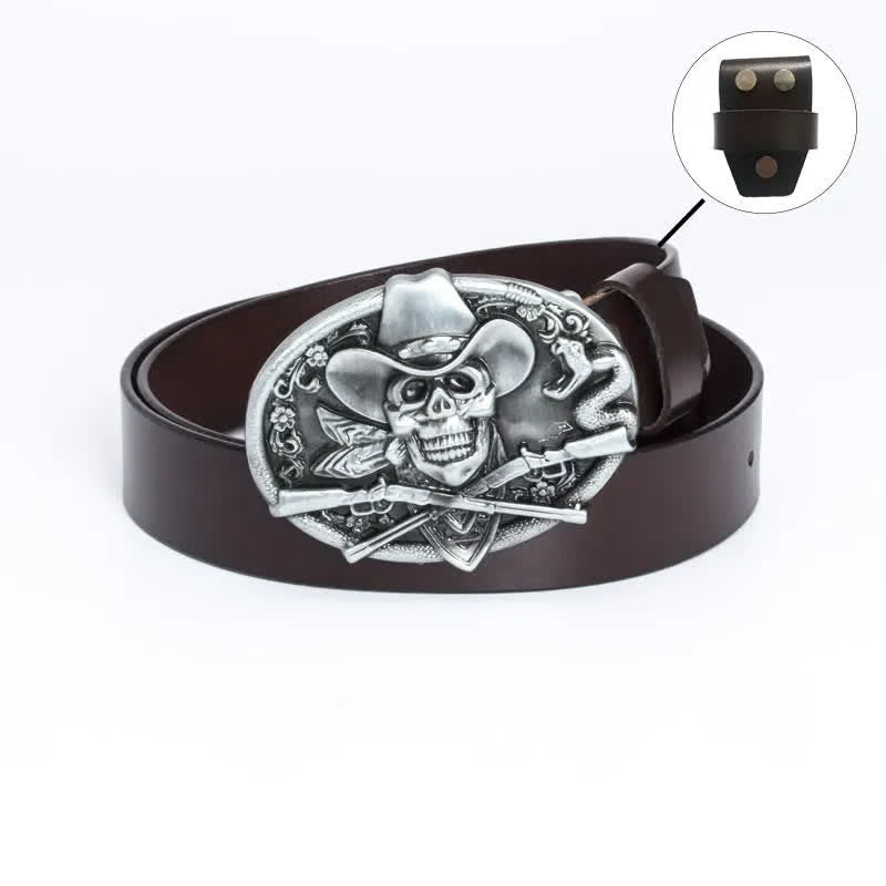 Cintura in pelle da uomo con teschio pirata e pistole incrociate - Maglietta in pelle - Marrone / Argento - 46 - image 14