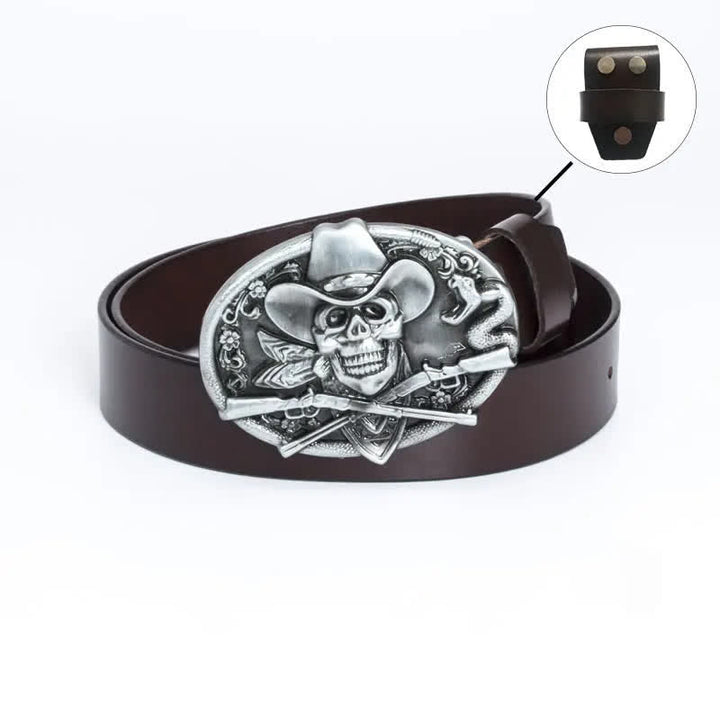 Cintura in pelle da uomo con teschio pirata e pistole incrociate - Maglietta in pelle - Marrone / Argento - 46 - image 14