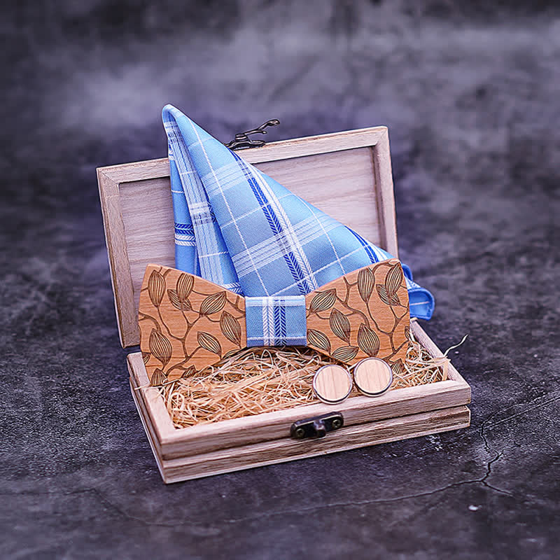 Set di 3 papillon in legno con motivo a foglia da uomo - image 1