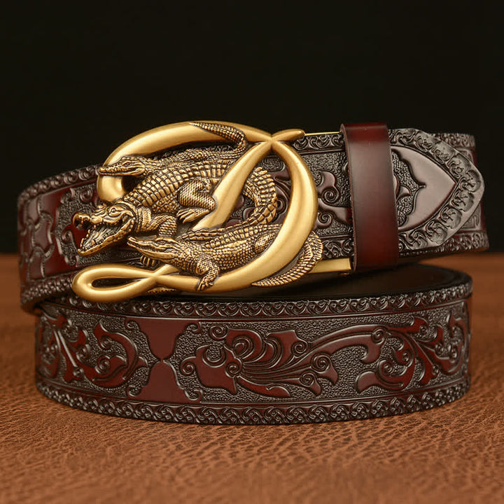 Cintura in pelle con fibbia in coccodrillo da uomo - Oro e marrone - 46 - image 0