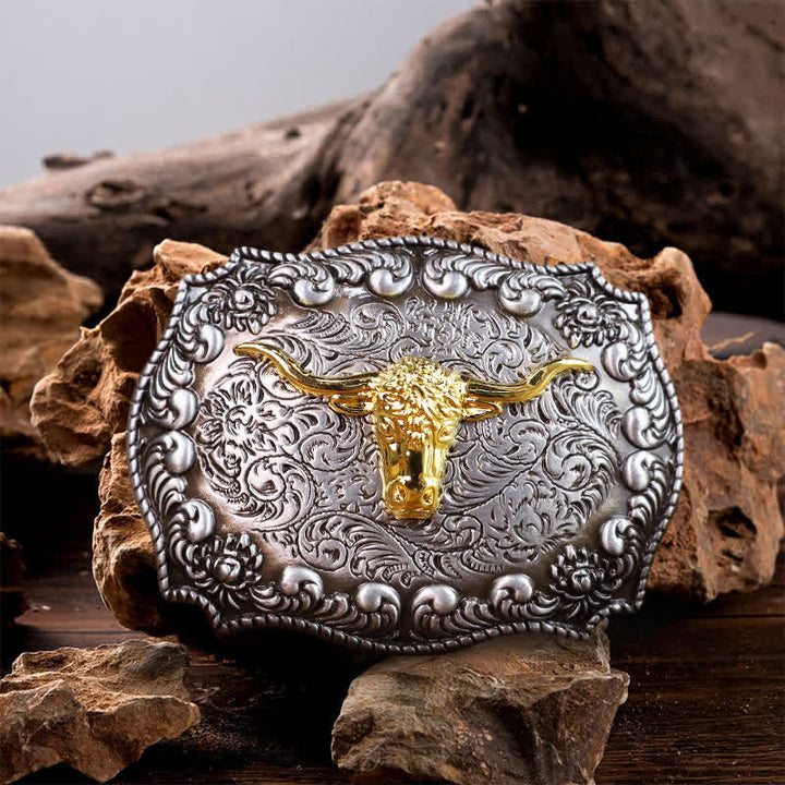Cintura in pelle fai da te con fibbia in argento anticato Longhorn Bull da uomo - Oro - Senza cintura - image 0