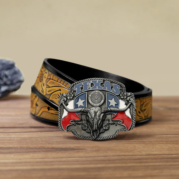 Cintura in pelle fai da te con fibbia a forma di toro Longhorn con bandiera del Texas da uomo - Toro - Cintura marrone sabbia (40) - image 12
