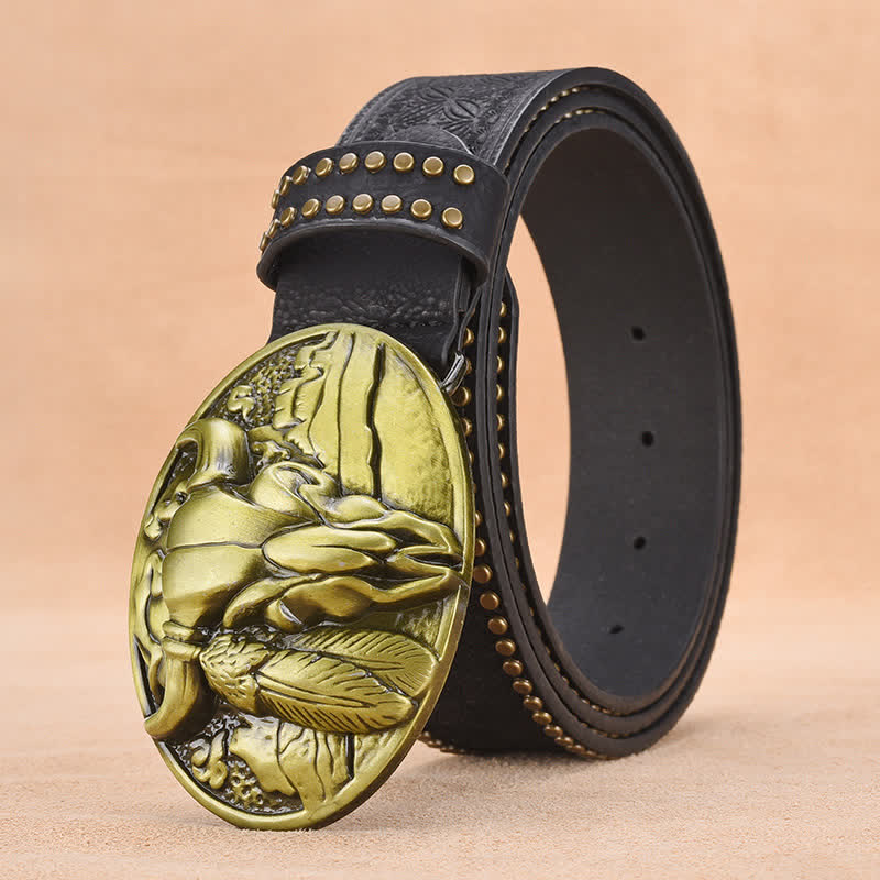 Cintura in pelle con fibbia a testa di toro e rivetto decorativo da uomo - Nero - 44 - image 4