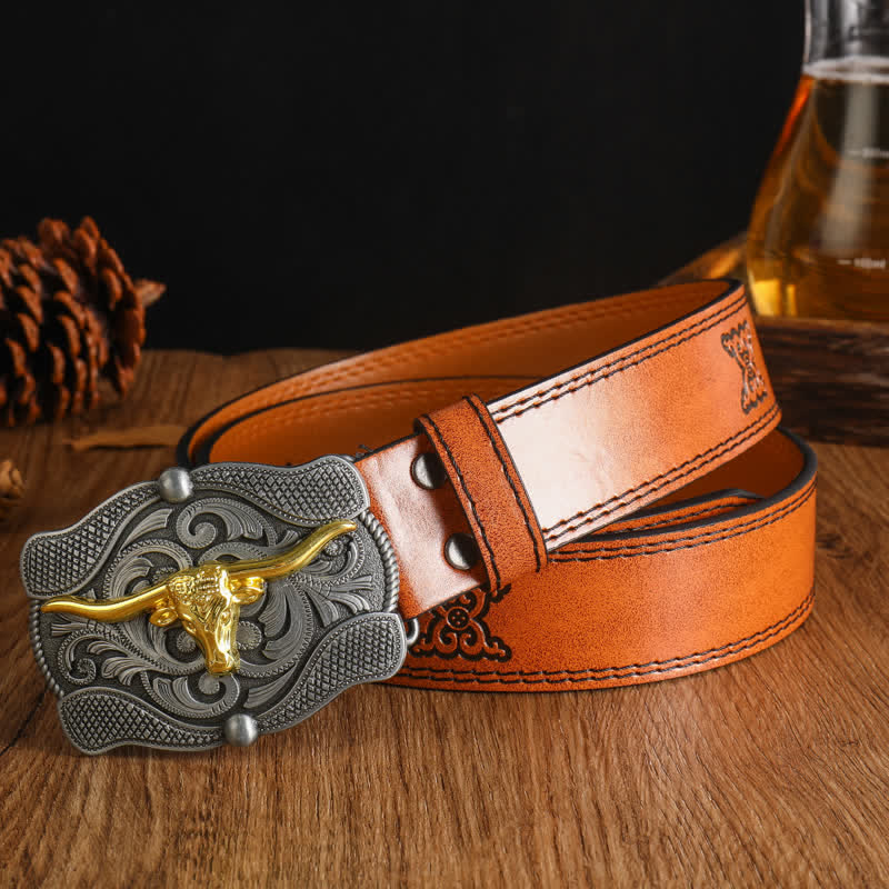 Cintura da uomo in pelle di toro Longhorn dorata quadrata - Stile n. 2 - 48" - image 3