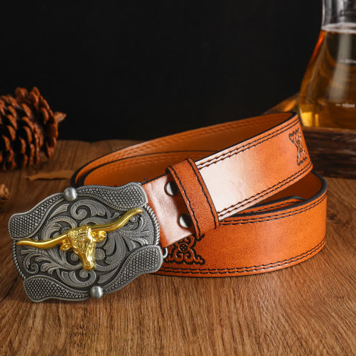 Cintura da uomo in pelle di toro Longhorn dorata quadrata - Stile n. 2 - 48" - image 3