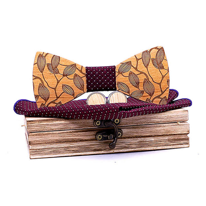 Set di 3 papillon in legno con motivo a foglia da uomo - Bordeaux a quadri - image 10