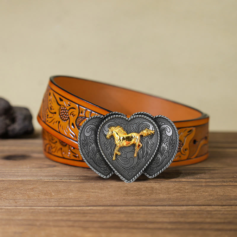 Cintura in pelle con fibbia a forma di cuore triplo cavallo fai da te da uomo - Cavallo - Cintura intagliata arancione (40) - image 13