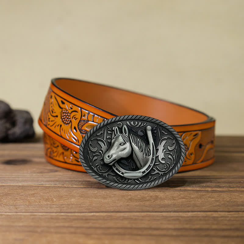 Cintura in pelle con fibbia a ferro di cavallo in argento antico fai da te da uomo - Ferro di cavallo - Cintura intagliata arancione (40) - image 15