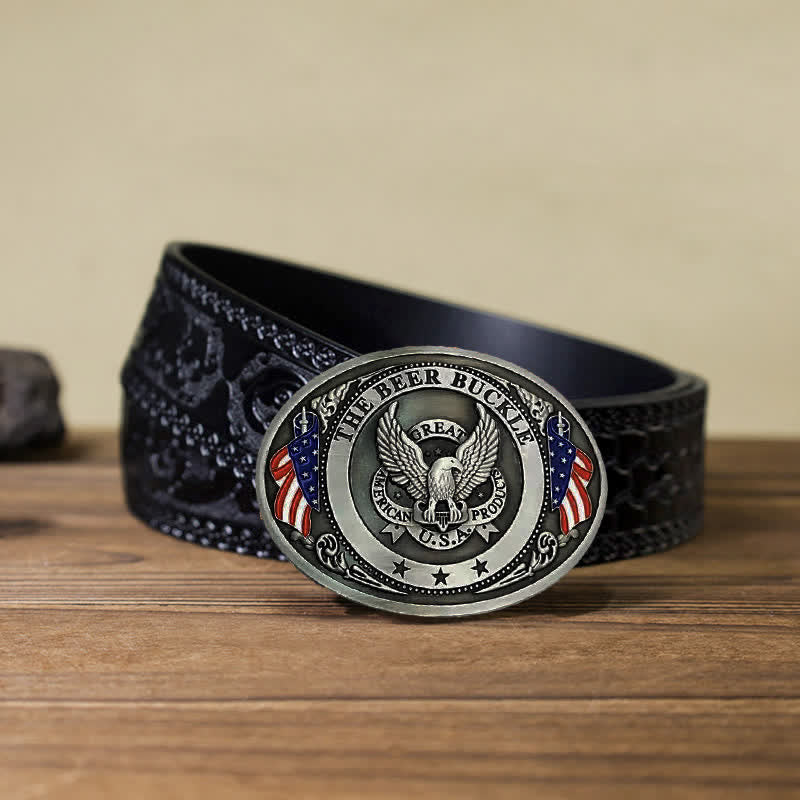 Cintura in pelle con fibbia porta birra creativa fai da te con bandiera USA e aquila da uomo - Argento - Cintura nera intagliata (40) - image 23