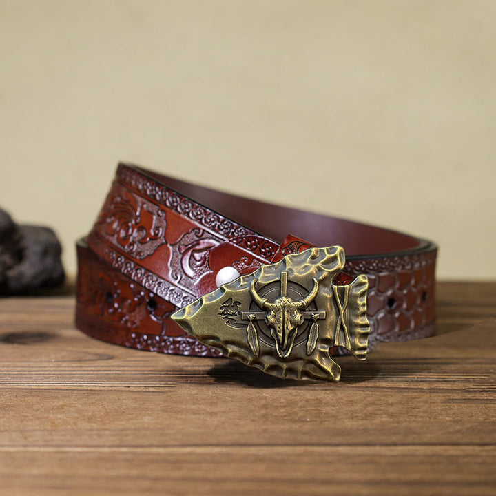 Cintura in pelle con fibbia a forma di toro a forma di punta di freccia fai da te da uomo - Bronzo antico - Cintura marrone intagliata (40) - image 18