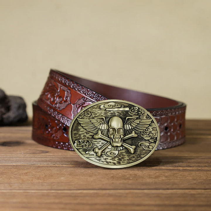 Cintura in pelle con fibbia porta birra creativa fai da te a forma di teschio e angelo da uomo - Bronzo - Cintura marrone intagliata (40) - image 25
