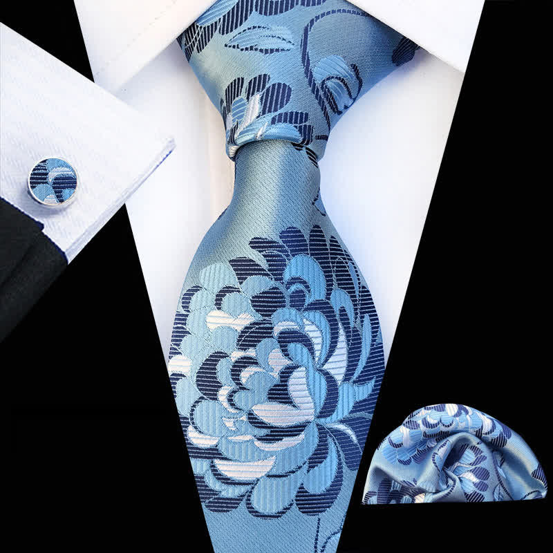 Set di 3 cravatte floreali con motivo peonia vistoso da uomo - Azzurro e Bianco - image 2