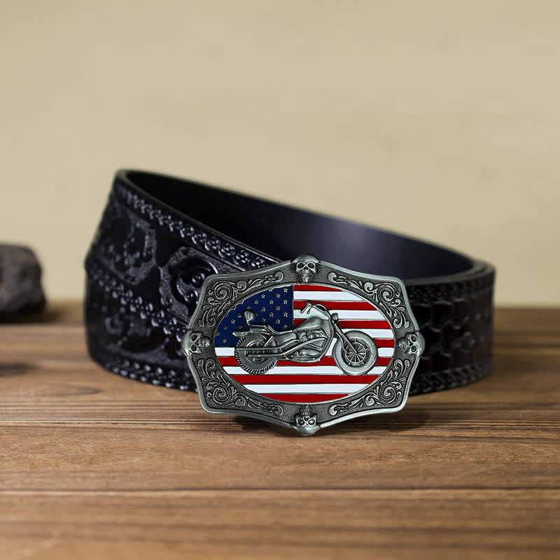 Cintura in pelle con fibbia a forma di teschio con bandiera USA, fai da te, da uomo - Motociclo - Cintura nera intagliata (40) - image 9