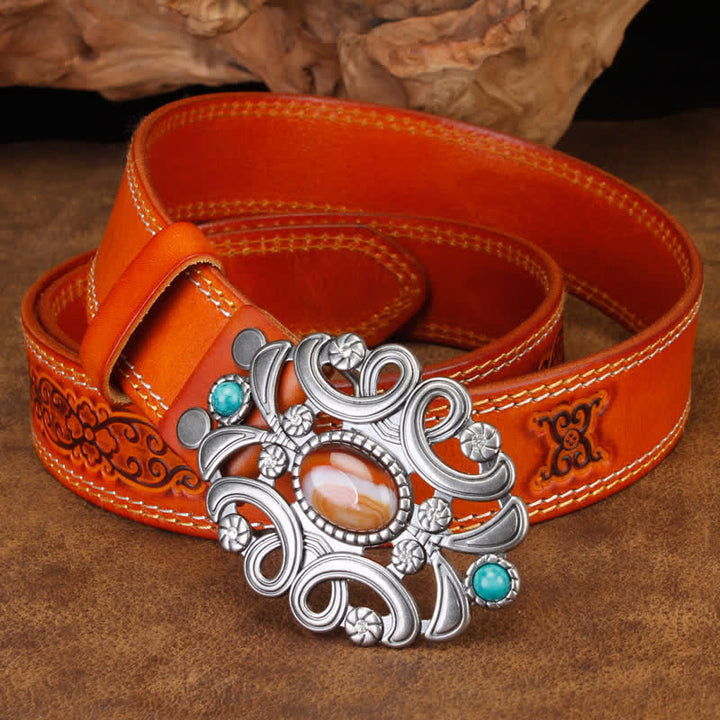 Cintura unisex in pelle con fiore cavo turchese e pietra agata - image 14