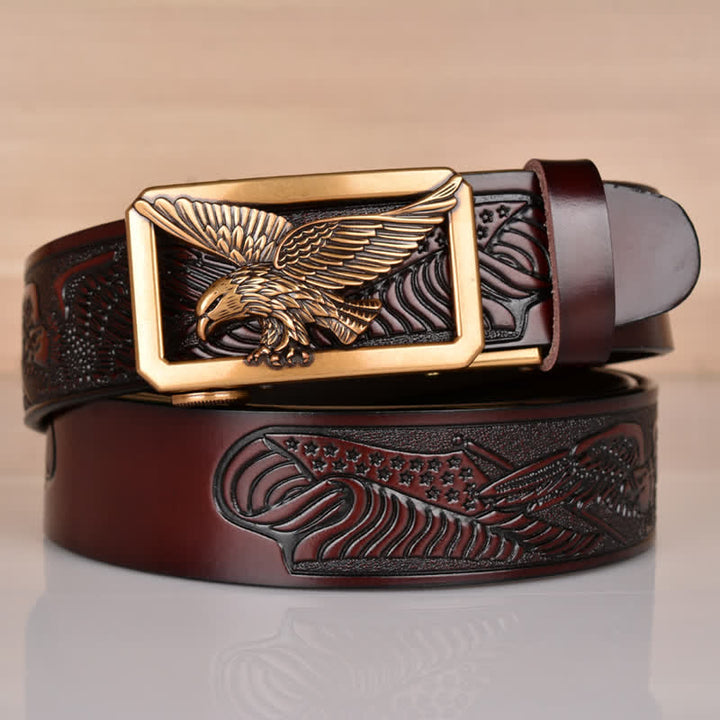 Cintura in pelle goffrata con fibbia Hollow Eagle da uomo - Oro e caffè - 46 - image 22