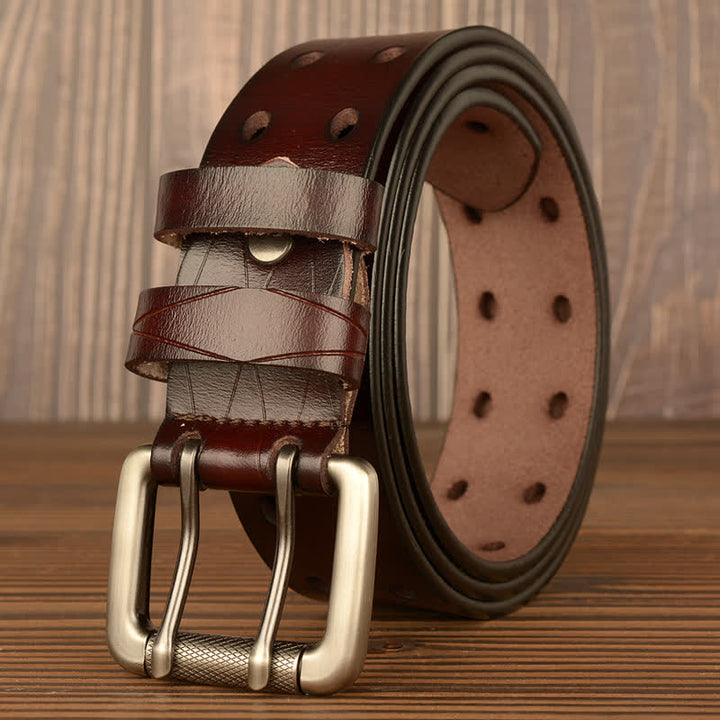 Cintura classica da uomo in pelle con doppia fila di fori - Marrone - 46 - image 0