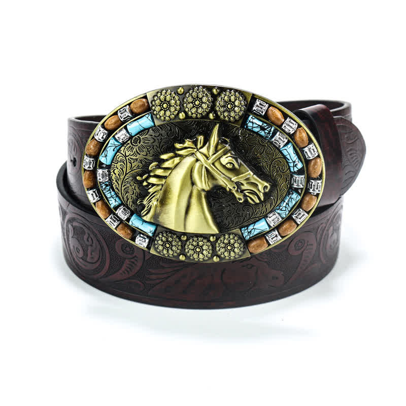 Cintura da uomo in pelle turchese con testa di cavallo da cowboy - Oro - 40 - image 0