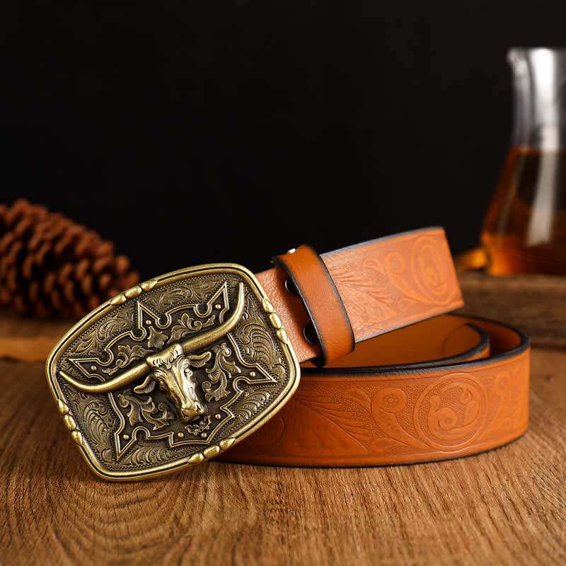Cintura da uomo in pelle stampata con testa di mucca in stile western - Marrone-giallastro / Oro - 38 - image 3