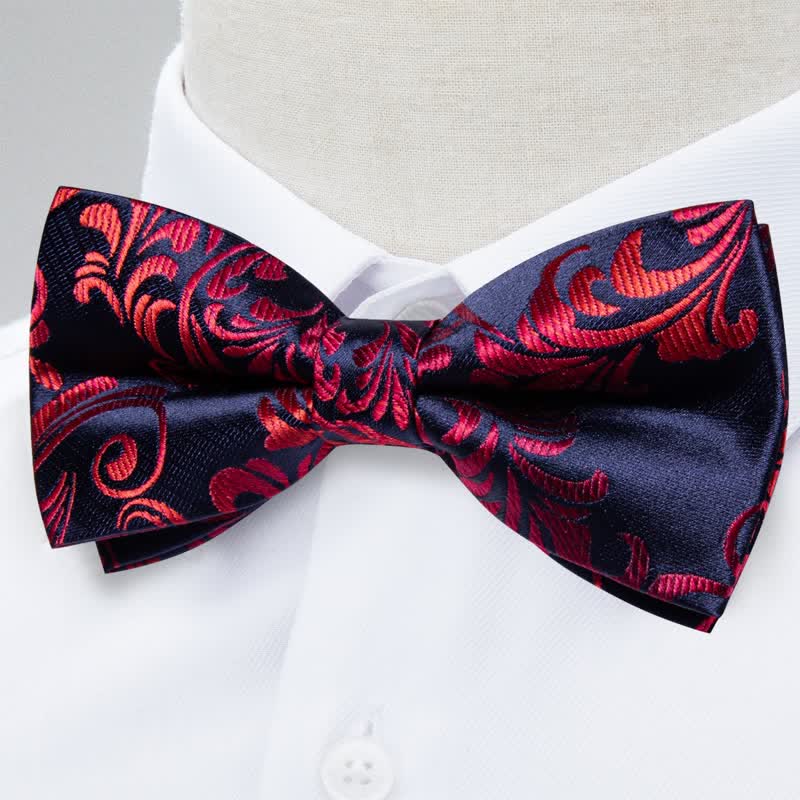 Set di 2 fazzoletti da taschino con papillon floreale rosso e blu navy da uomo - image 1
