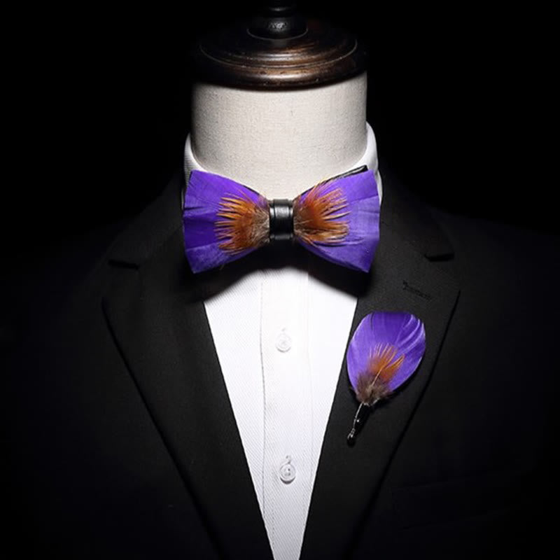 Papillon con piume viola e arancione decorato per bambini con spilla da bavero - image 3