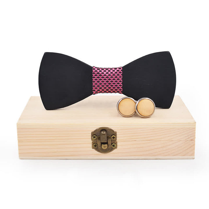 Set di 2 gemelli da uomo in legno nero con papillon - Trama rosa - image 8