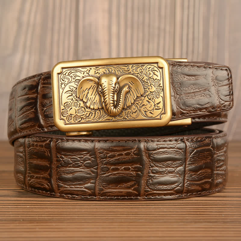 Cintura da uomo in pelle con motivo punk elefante coccodrillo - Oro e marrone - Pelle di alligatore - 44 - image 21