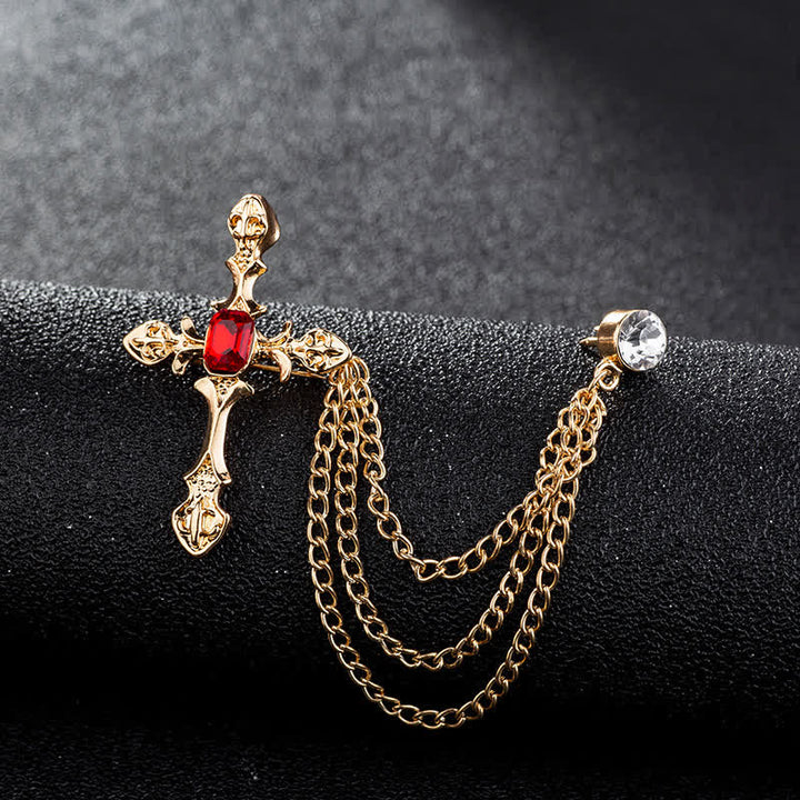 Spilla a catena con cristalli a croce classica da uomo - Oro e rosso - image 7