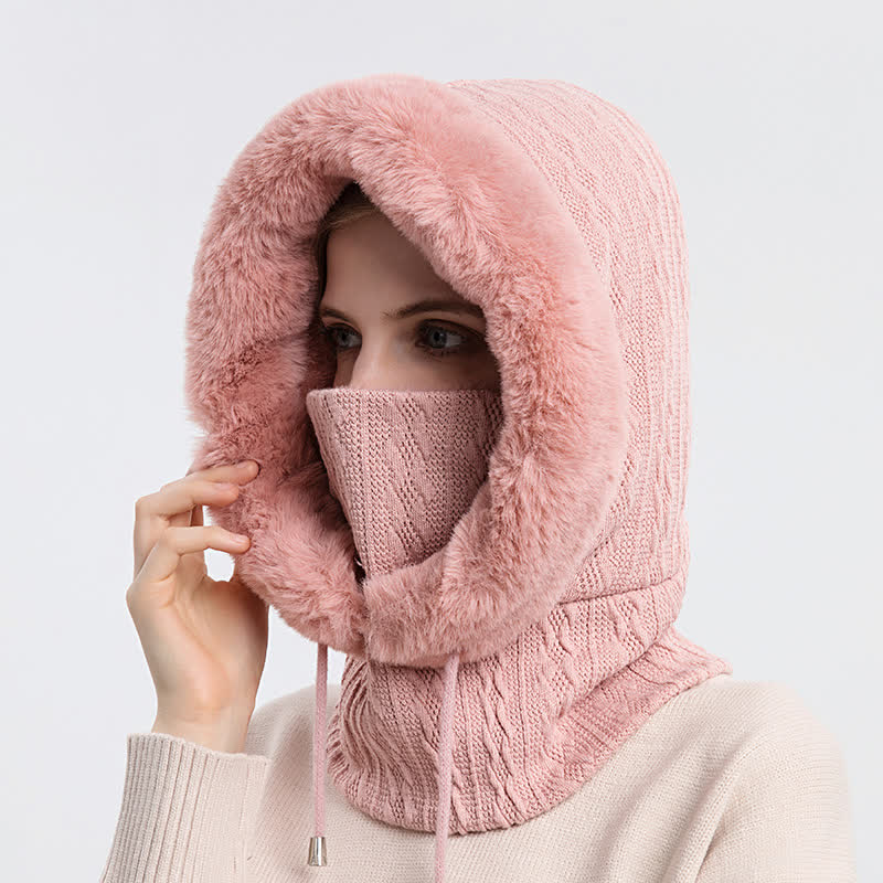 Cappello lavorato a maglia con cappuccio e maschera per il viso color caramella da donna - image 2