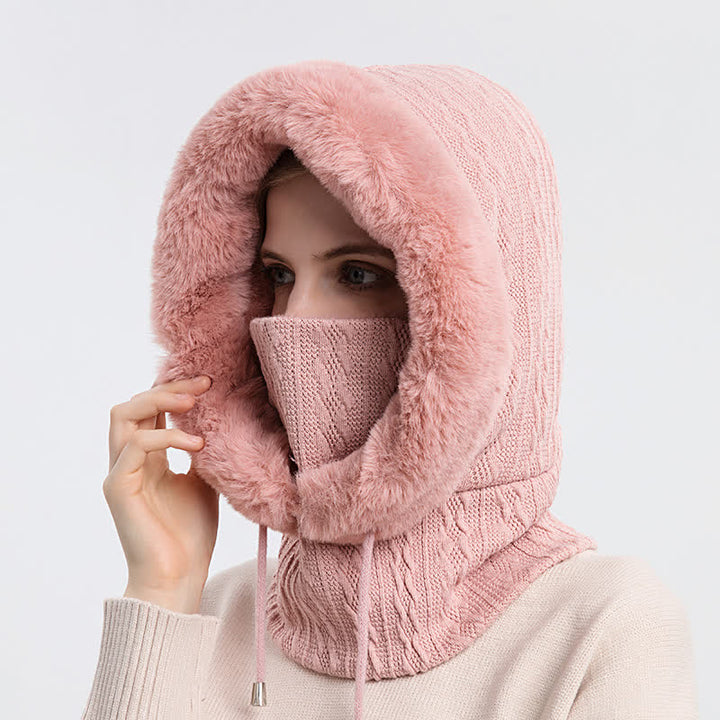 Cappello lavorato a maglia con cappuccio e maschera per il viso color caramella da donna - image 2