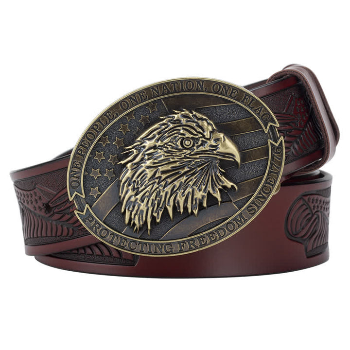 Cintura in pelle con fibbia della bandiera americana con testa d'aquila calva da uomo - Marrone / Bronzo - 46 - image 12