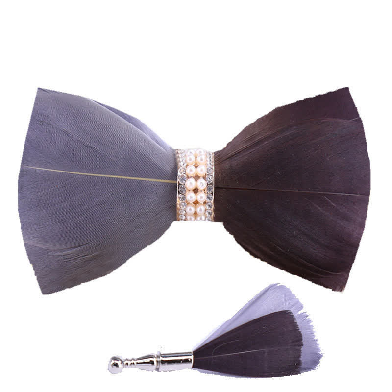 Papillon con piume di perle lucide grigie e marroni con spilla da bavero - image 3