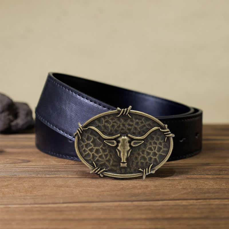 Cintura in pelle con fibbia martellata a forma di testa di toro da cowboy fai da te da uomo - Bronzo antico - Cintura PU nera (40) - image 7