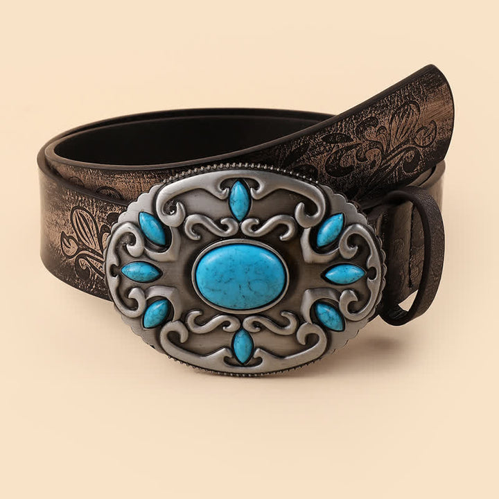 Cintura in pelle con fibbia ovale con decorazione turchese da donna - image 3