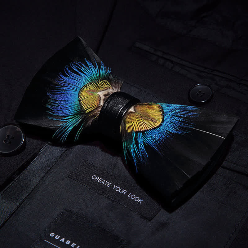 Papillon con piume di fagiano blu e nere con spilla da bavero - image 1