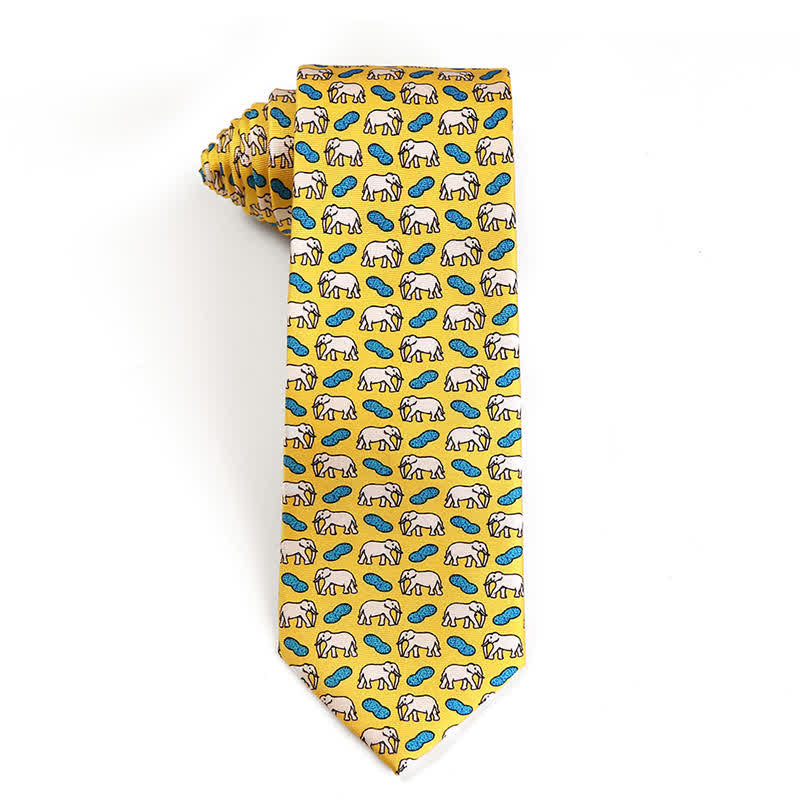 Cravatta da uomo in pura seta con motivi di animali danzanti - Elefante - Giallo - image 14
