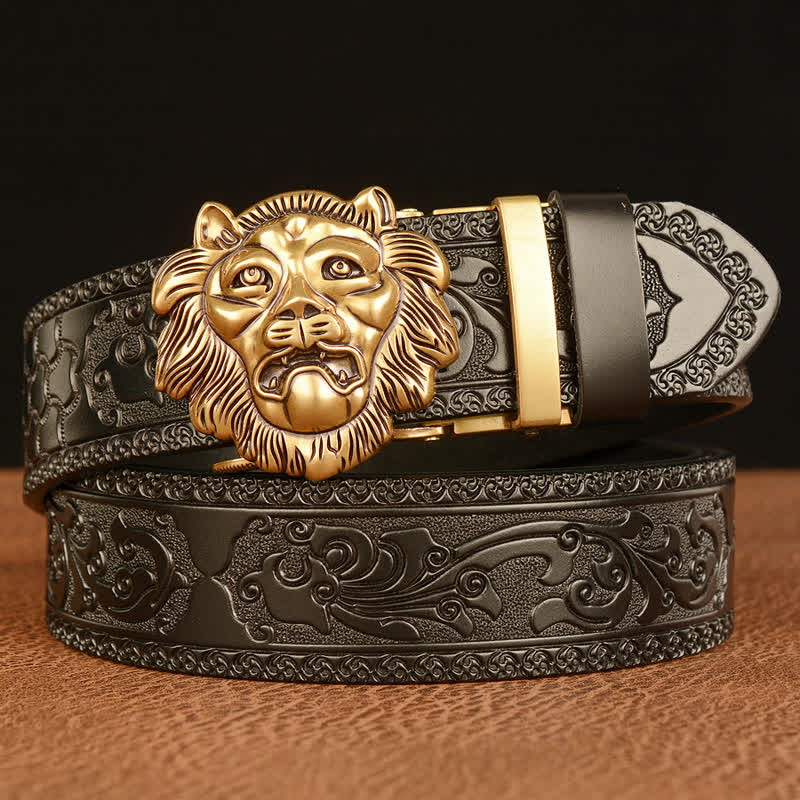 Cintura in pelle con testa di leone con scultura 3D da uomo - Oro e nero - 46 - image 9