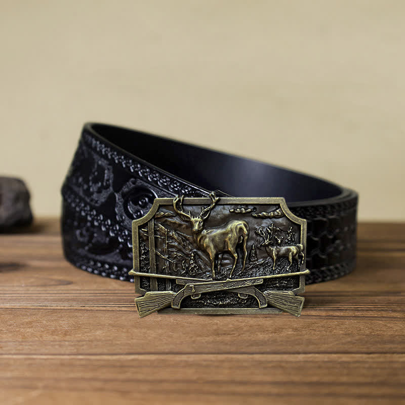 Cintura in pelle fai da te da uomo con fibbia da cacciatore di fucili da caccia - Bronzo antico - Cintura nera intagliata (40) - image 14