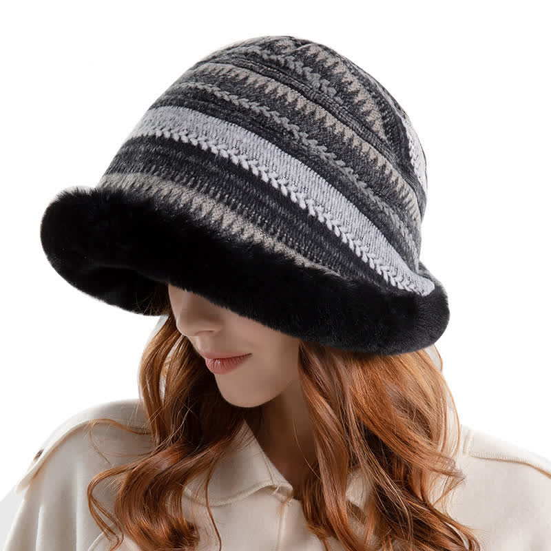 Cappello da pescatore a righe con tesa calda in peluche da donna - image 7