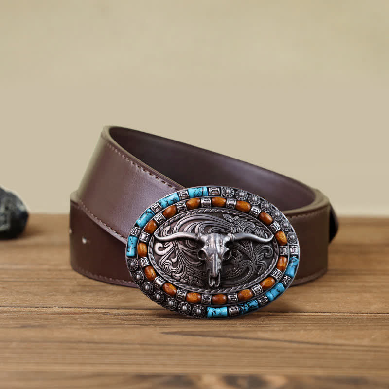 Cintura in pelle con fibbia a forma di toro con perline di legno turchese fai da te da uomo - Argento - Cintura PU marrone (40) - image 9