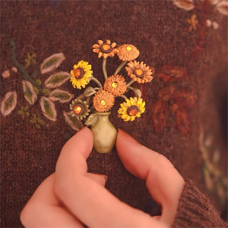 Spilla da donna a forma di vaso di girasole in smalto - image 6