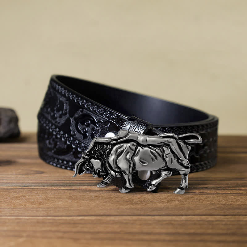 Cintura in pelle con fibbia a forma di toro in argento autentico fai da te da uomo - Toro - Cintura nera intagliata (40) - image 10