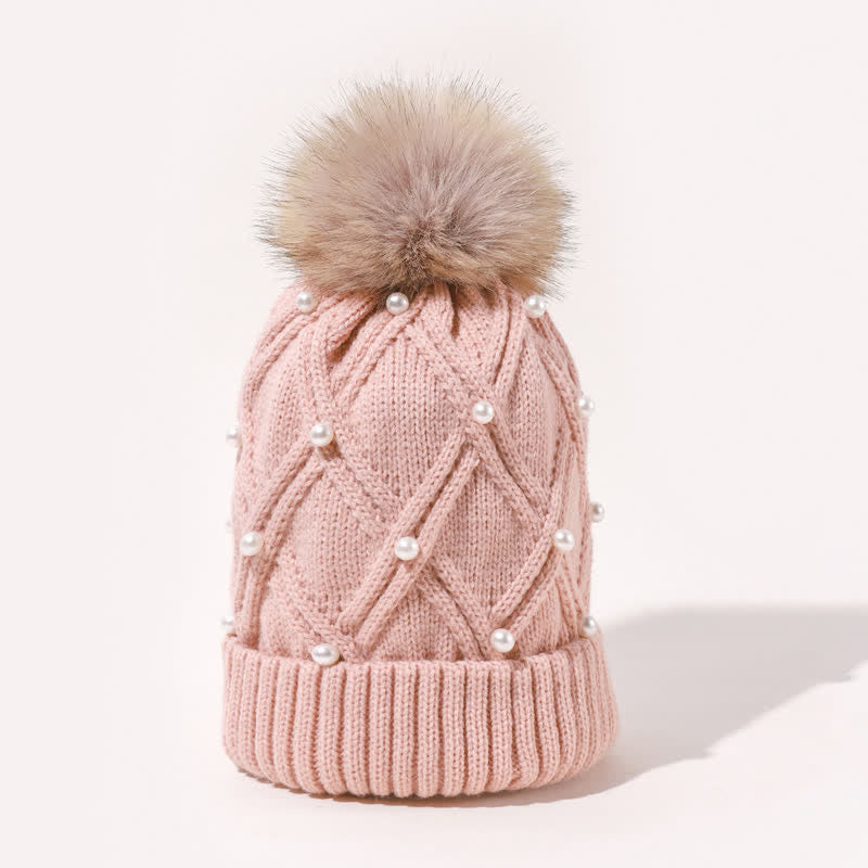 Cappello lavorato a maglia elasticizzato con pompon e perle carine da donna - image 3