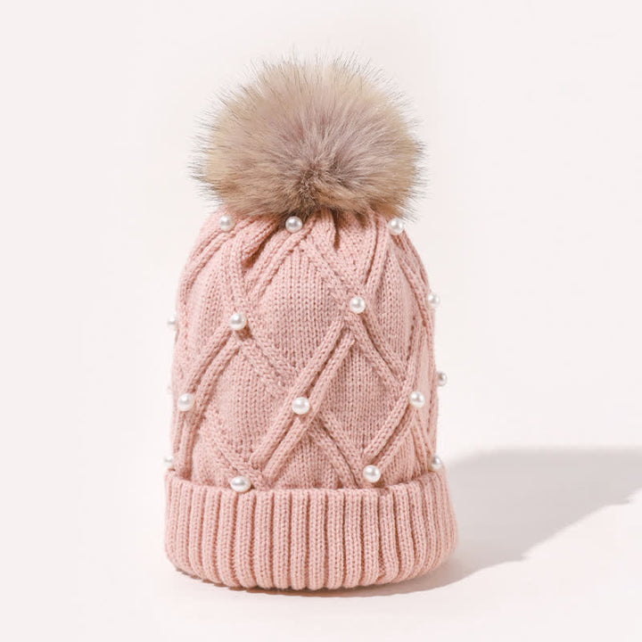Cappello lavorato a maglia elasticizzato con pompon e perle carine da donna - image 3