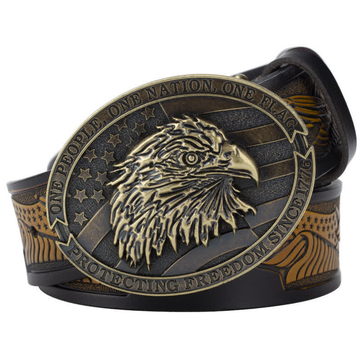Cintura in pelle con fibbia della bandiera americana con testa d'aquila calva da uomo - Cammello / Bronzo - 46 - image 9