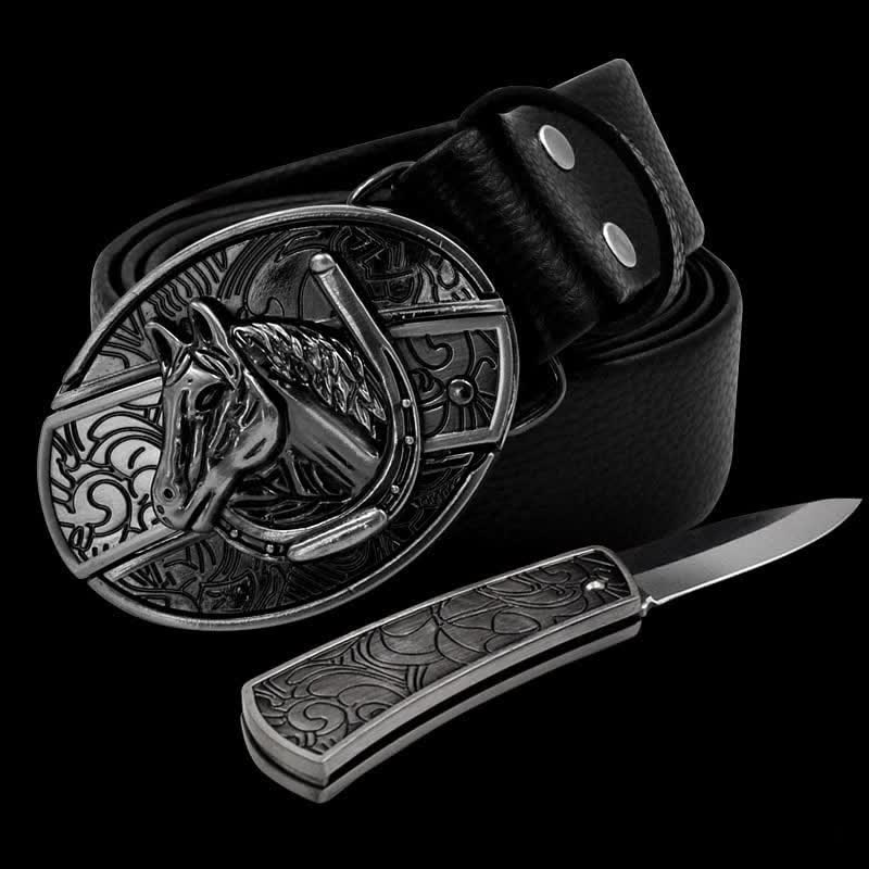 Cintura da uomo in pelle con testa di cavallo e coltello pieghevole - image 4