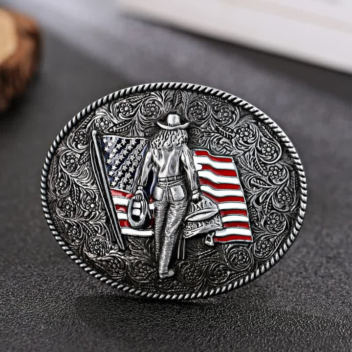 Cintura in pelle con fibbia della bandiera americana da cowboy fai da te da uomo - Argento antico - Senza cintura - image 0