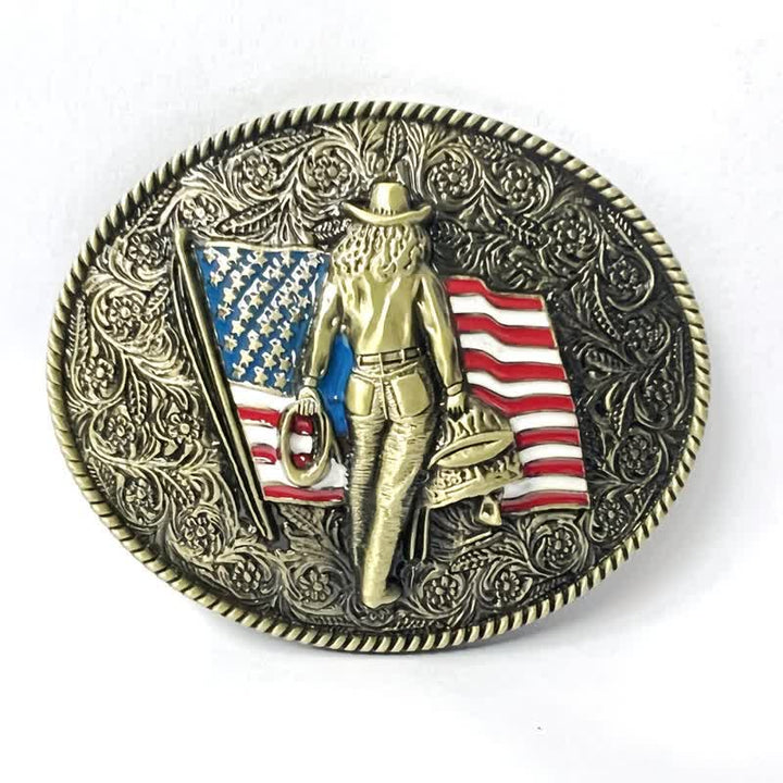 Cintura in pelle con fibbia della bandiera americana da cowboy fai da te da uomo - Bronzo antico - Senza cintura - image 5